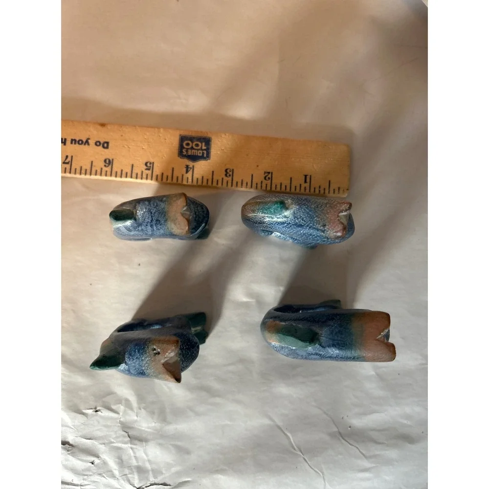 Set of 4 Hand carved Wooden Cat Napkin Rings Blue Green Textured Table Decor Art